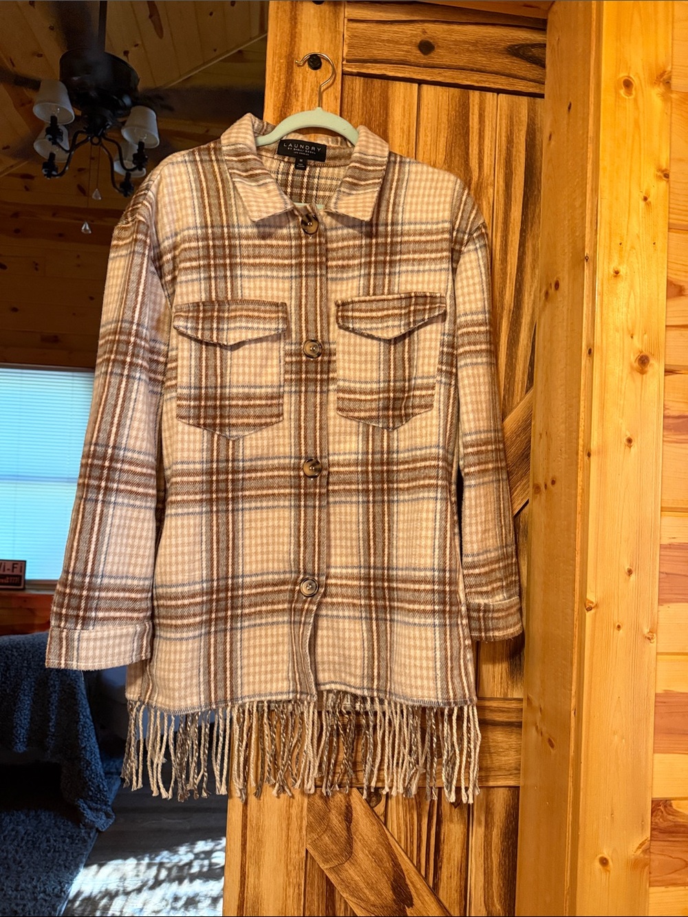 Laundry By Shelli Segal Beige and Brown Plaid Fringe Hem Jacket